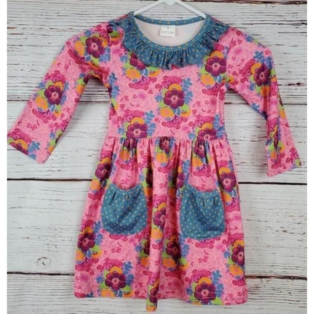 NEW Girls Sz 3 Bright Pink Floral Soft Stretchy Long Sleeve Dress